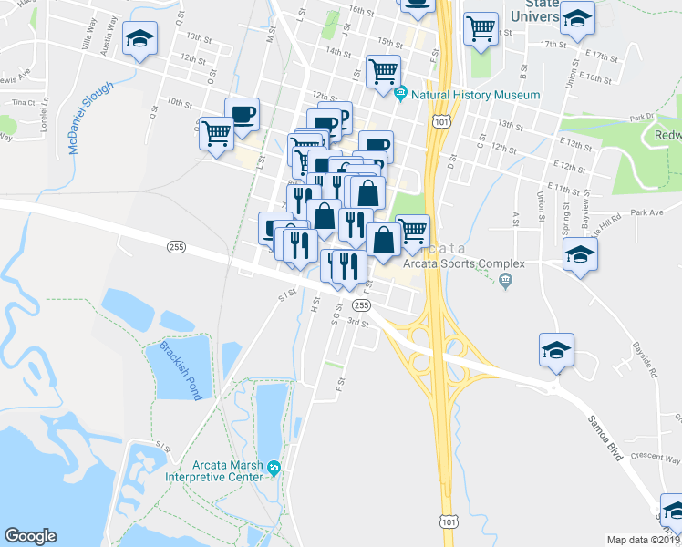 map of restaurants, bars, coffee shops, grocery stores, and more near 493 G Street in Arcata