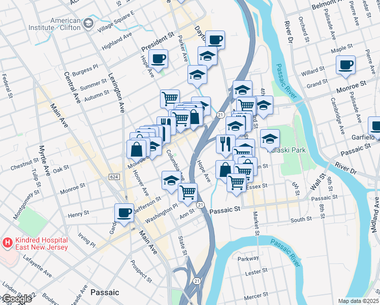 map of restaurants, bars, coffee shops, grocery stores, and more near 72 Hope Avenue in Passaic