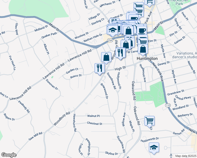 map of restaurants, bars, coffee shops, grocery stores, and more near 155 Woodbury Road in Huntington