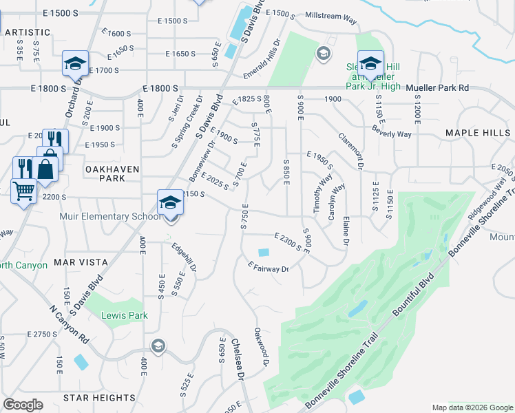 map of restaurants, bars, coffee shops, grocery stores, and more near 767 East 2150 South in Bountiful