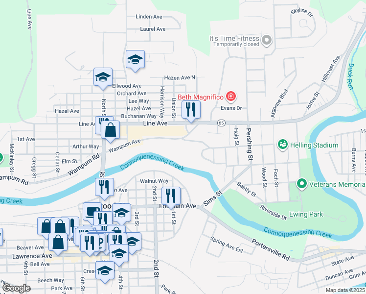 map of restaurants, bars, coffee shops, grocery stores, and more near 95 Madison Ave in Ellwood City