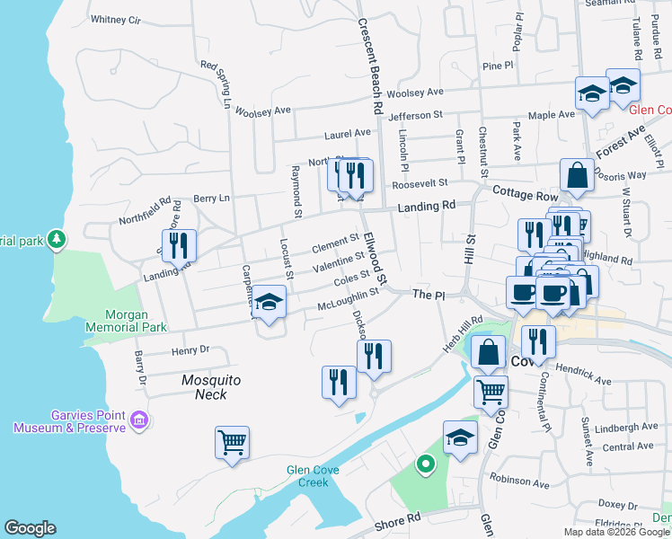 map of restaurants, bars, coffee shops, grocery stores, and more near 22 Valentine Street in Glen Cove