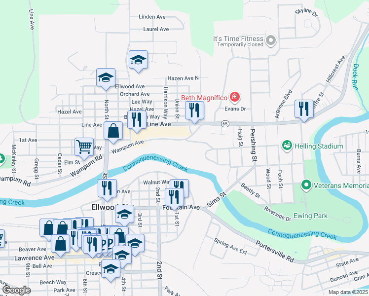map of restaurants, bars, coffee shops, grocery stores, and more near 95 Madison Avenue in Ellwood City