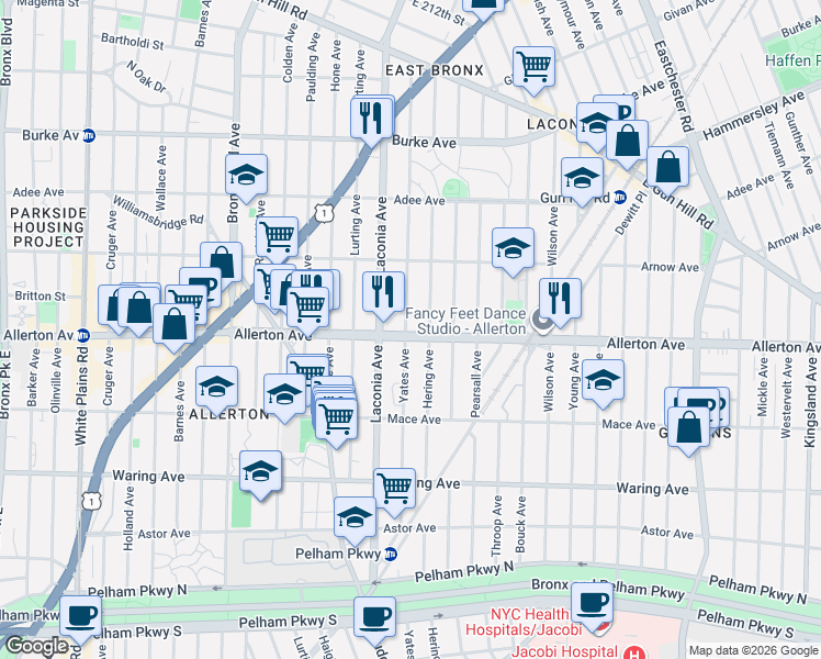 map of restaurants, bars, coffee shops, grocery stores, and more near 2717 Hering Avenue in Bronx