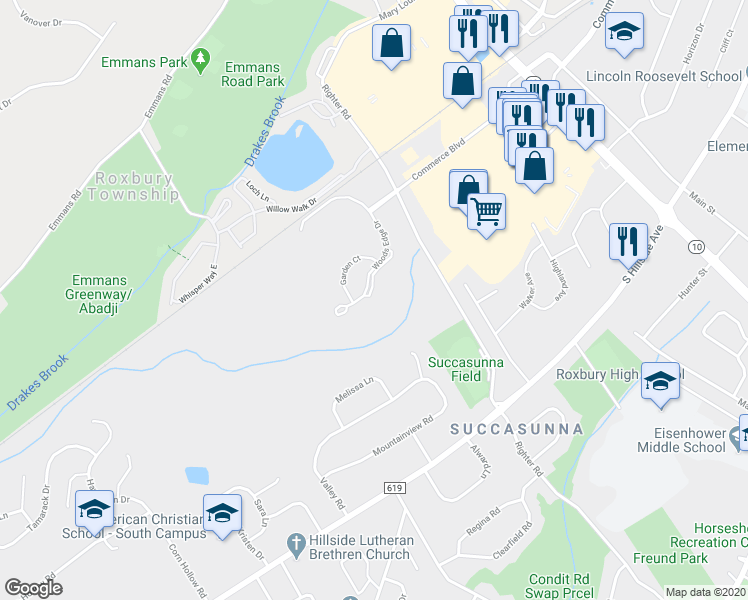 map of restaurants, bars, coffee shops, grocery stores, and more near 175 Woods Edge Drive in Roxbury Township