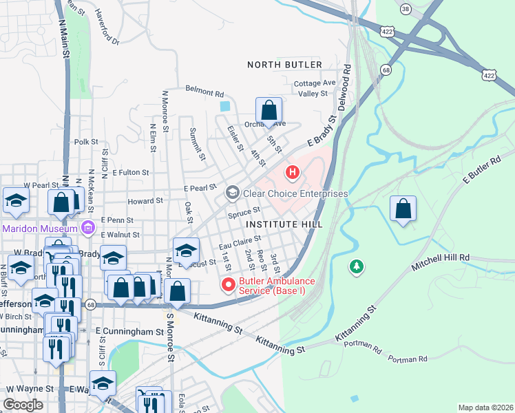 map of restaurants, bars, coffee shops, grocery stores, and more near 901 East Brady Street in Butler