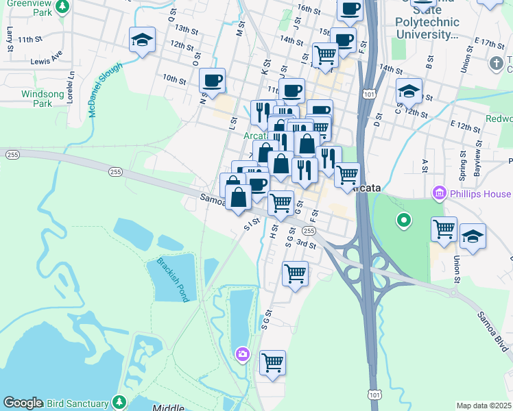 map of restaurants, bars, coffee shops, grocery stores, and more near 885 5th Street in Arcata