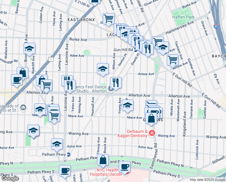map of restaurants, bars, coffee shops, grocery stores, and more near 2702 Wilson Avenue in Bronx