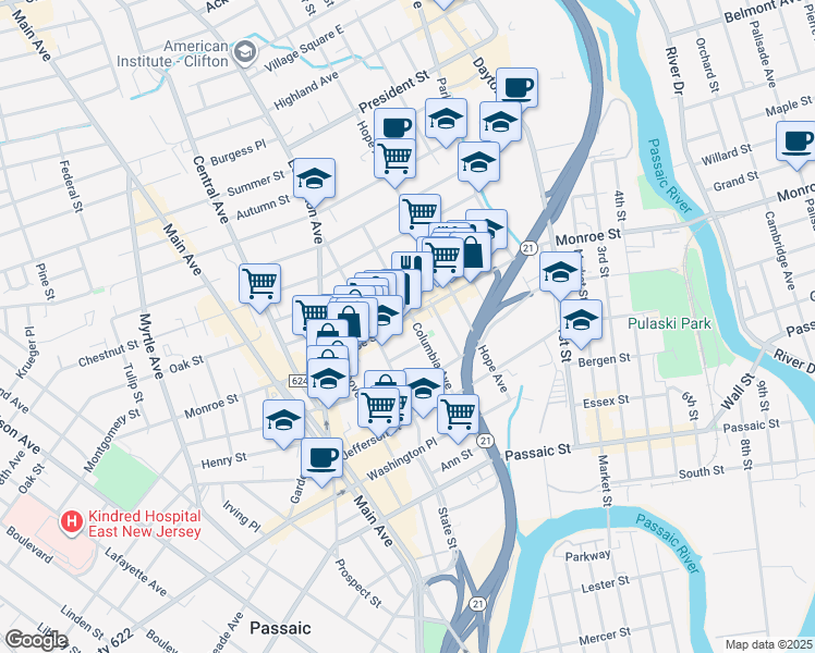 map of restaurants, bars, coffee shops, grocery stores, and more near 236 Monroe Street in Passaic