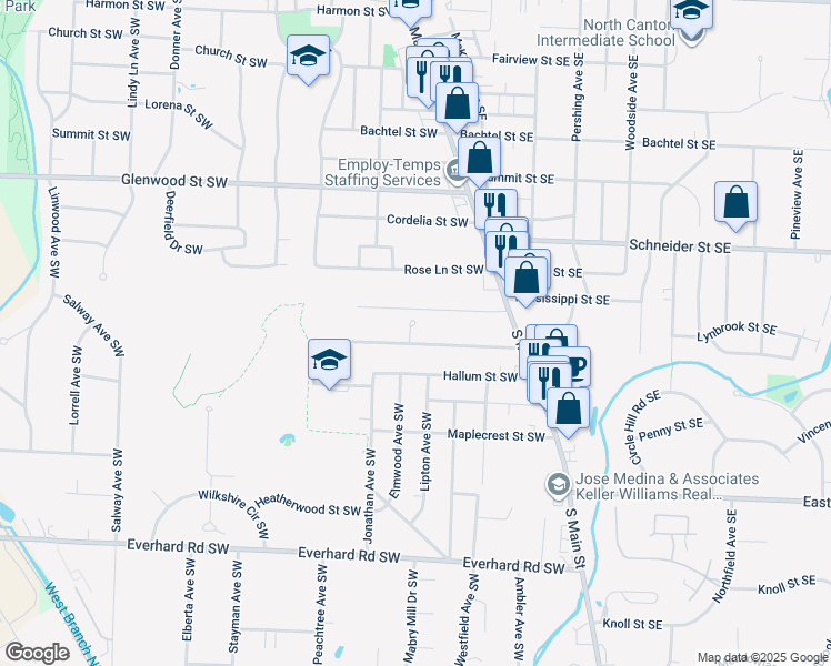 map of restaurants, bars, coffee shops, grocery stores, and more near 1222 Lynhurst Circle Southwest in North Canton