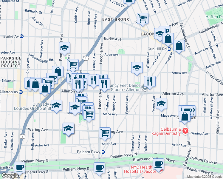 map of restaurants, bars, coffee shops, grocery stores, and more near 1137 Allerton Avenue in Bronx