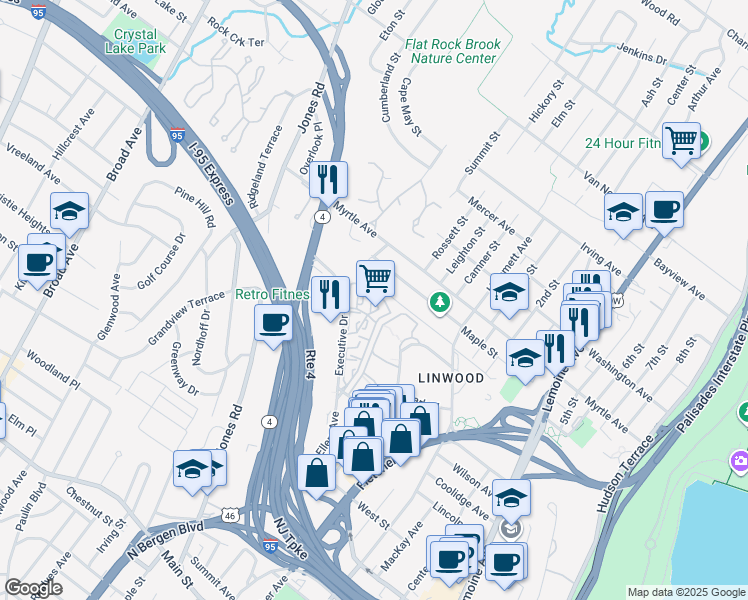 map of restaurants, bars, coffee shops, grocery stores, and more near 6308 Hilltop Court in Fort Lee