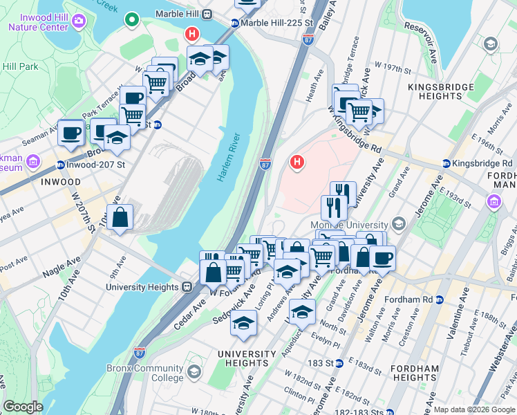 map of restaurants, bars, coffee shops, grocery stores, and more near 2455 Sedgwick Avenue in Bronx