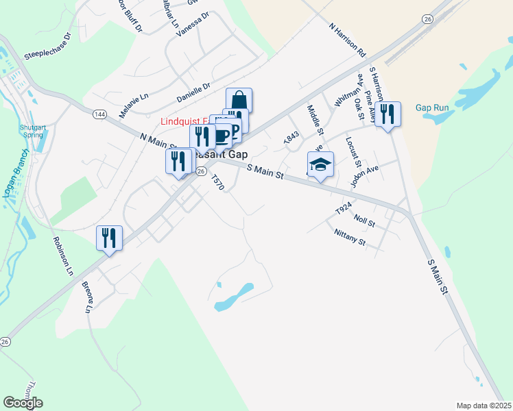 map of restaurants, bars, coffee shops, grocery stores, and more near 184 Thomas Lane in Pleasant Gap