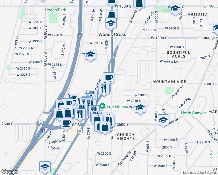 map of restaurants, bars, coffee shops, grocery stores, and more near 2223 South Main Street in Bountiful