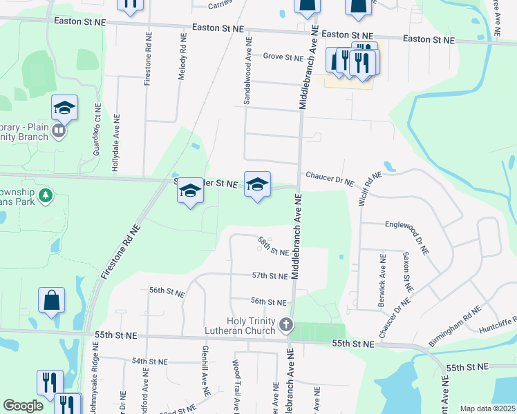 map of restaurants, bars, coffee shops, grocery stores, and more near 2500 Schneider Street Northeast in Canton