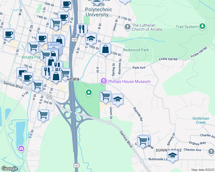 map of restaurants, bars, coffee shops, grocery stores, and more near 101 Hill Street in Arcata