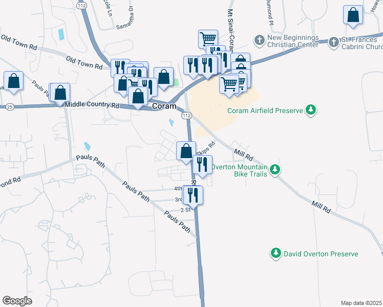 map of restaurants, bars, coffee shops, grocery stores, and more near 588 Mill Road in Coram