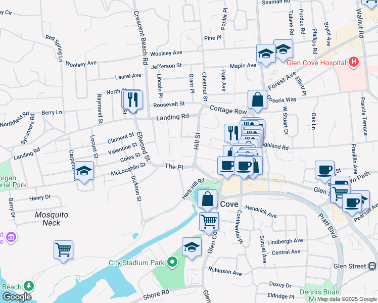 map of restaurants, bars, coffee shops, grocery stores, and more near 15 Hill Street in Glen Cove
