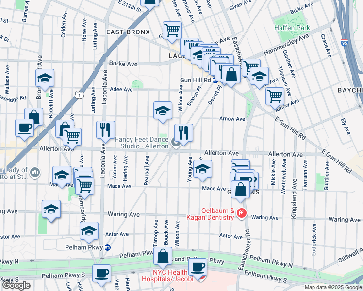 map of restaurants, bars, coffee shops, grocery stores, and more near 2732 Bouck Avenue in The Bronx