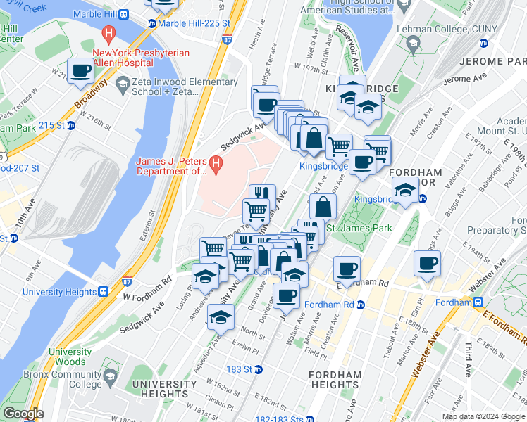 map of restaurants, bars, coffee shops, grocery stores, and more near 2515 University Avenue in Bronx