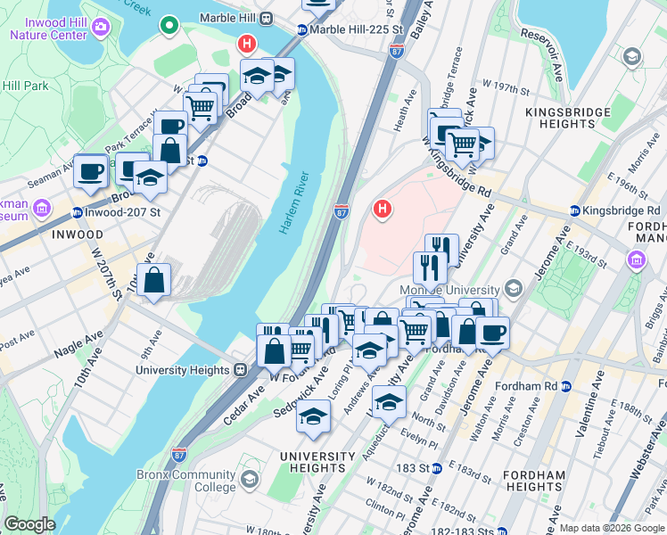 map of restaurants, bars, coffee shops, grocery stores, and more near 2455 Sedgwick Avenue in Bronx