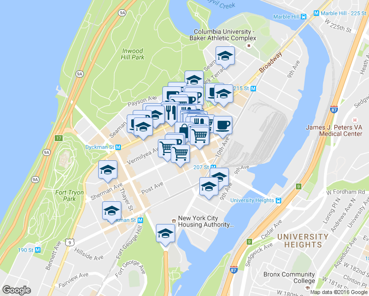 map of restaurants, bars, coffee shops, grocery stores, and more near 115 Vermilyea Avenue in New York