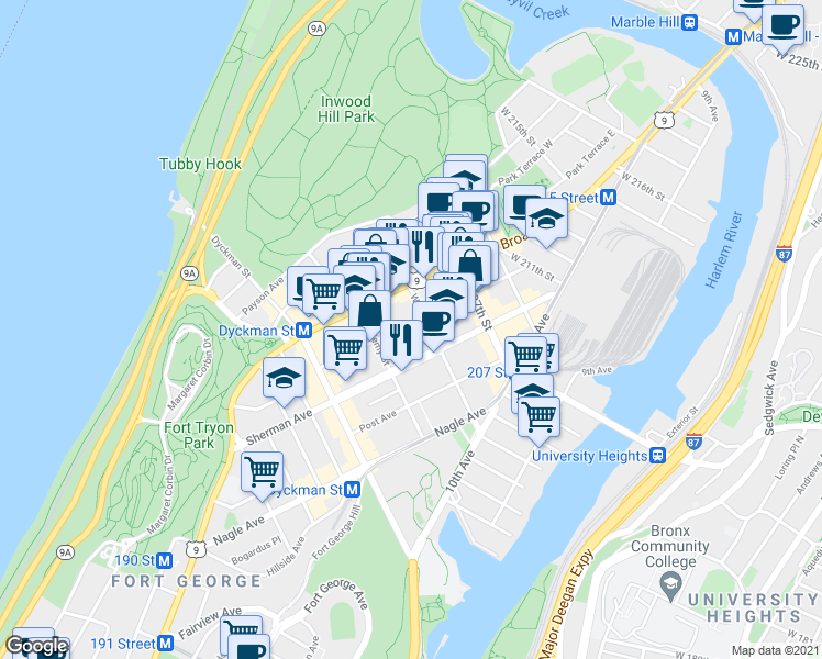 map of restaurants, bars, coffee shops, grocery stores, and more near 86 Vermilyea Avenue in New York