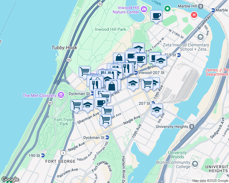 map of restaurants, bars, coffee shops, grocery stores, and more near 647 Academy Street in New York