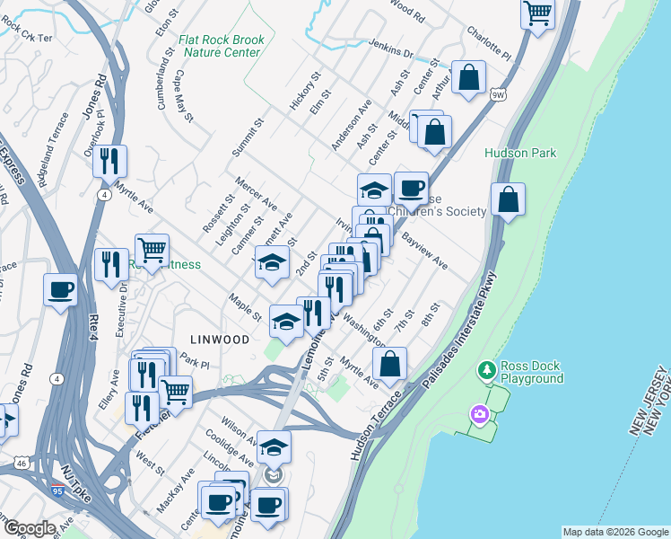 map of restaurants, bars, coffee shops, grocery stores, and more near 10 Henry Street in Englewood Cliffs