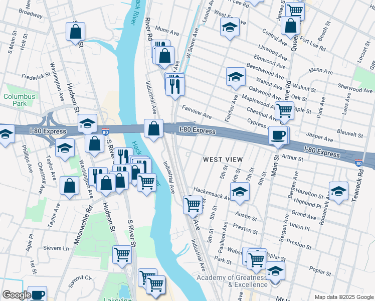 map of restaurants, bars, coffee shops, grocery stores, and more near 16 Central Avenue in Ridgefield Park