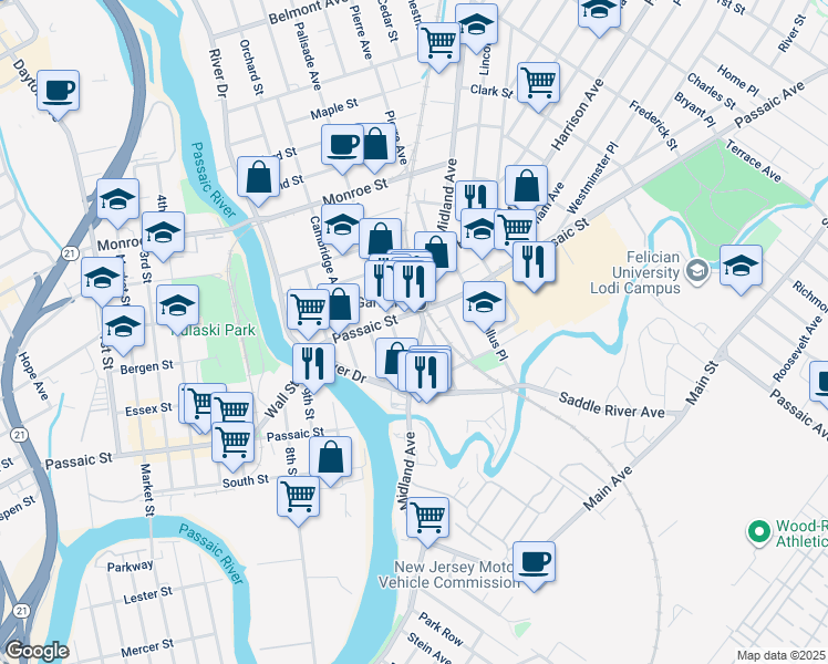 map of restaurants, bars, coffee shops, grocery stores, and more near in Garfield