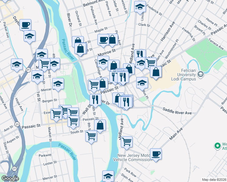 map of restaurants, bars, coffee shops, grocery stores, and more near 51 Passaic Street in Passaic