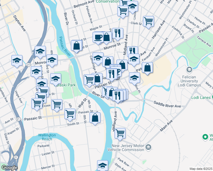 map of restaurants, bars, coffee shops, grocery stores, and more near 51 Passaic Street in Garfield