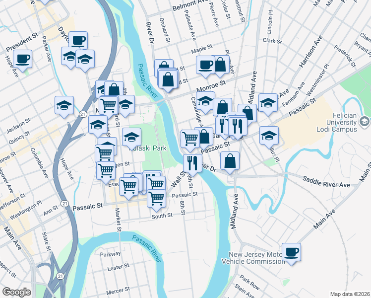 map of restaurants, bars, coffee shops, grocery stores, and more near 230 River Drive in Garfield