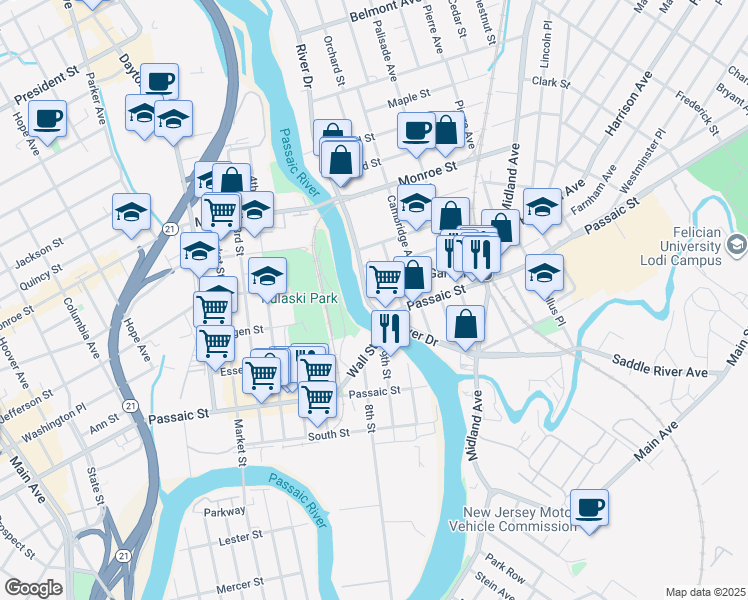 map of restaurants, bars, coffee shops, grocery stores, and more near 230 River Drive in Garfield