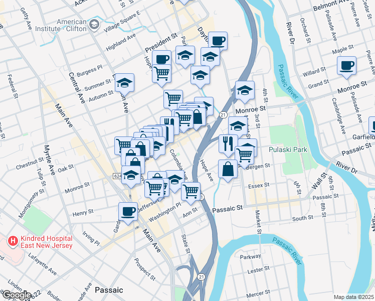 map of restaurants, bars, coffee shops, grocery stores, and more near 38 Vreeland Avenue in Passaic