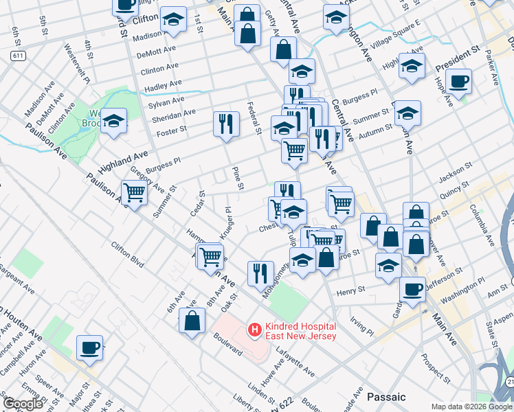 map of restaurants, bars, coffee shops, grocery stores, and more near 521 Harrison Street in Passaic