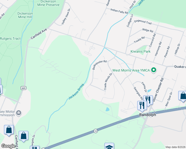 map of restaurants, bars, coffee shops, grocery stores, and more near 22 Bedminster Road in Randolph