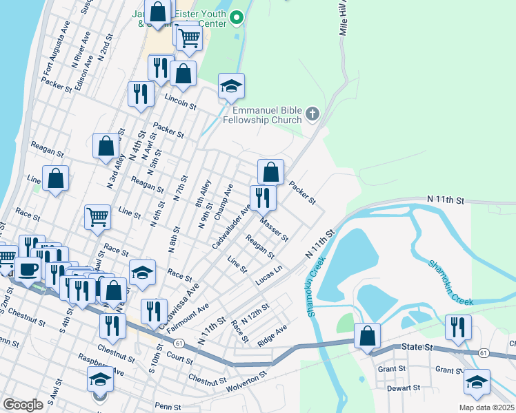 map of restaurants, bars, coffee shops, grocery stores, and more near 610 Catawissa Ave in Sunbury