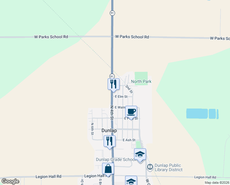 map of restaurants, bars, coffee shops, grocery stores, and more near 511 North 3rd Street in Dunlap