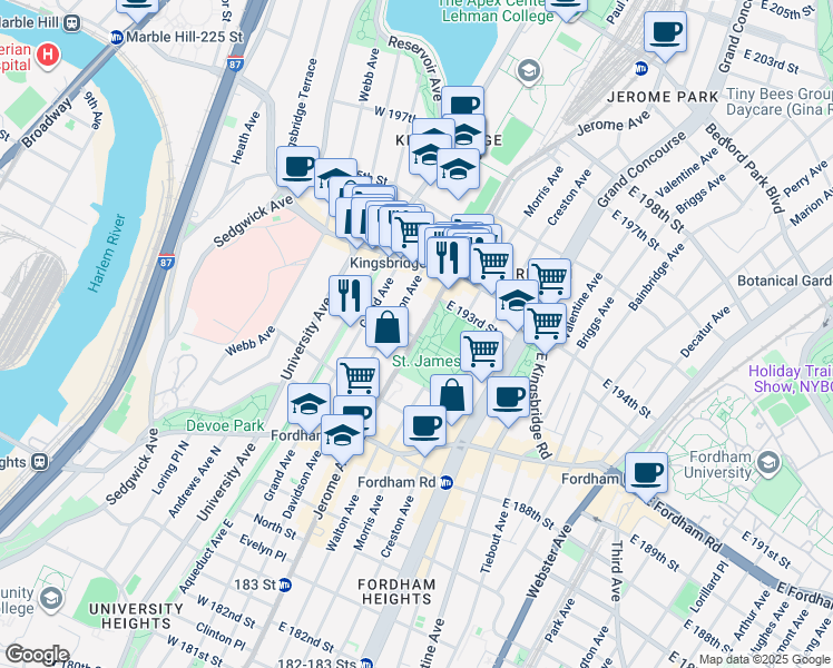 map of restaurants, bars, coffee shops, grocery stores, and more near 2601 Jerome Avenue in The Bronx