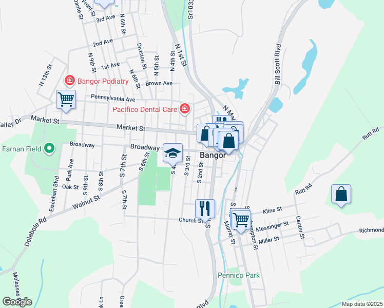 map of restaurants, bars, coffee shops, grocery stores, and more near 232 Broadway in Bangor