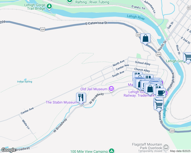 map of restaurants, bars, coffee shops, grocery stores, and more near 628-630 Center Avenue in Jim Thorpe