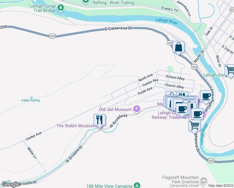 map of restaurants, bars, coffee shops, grocery stores, and more near 628-630 Center Avenue in Jim Thorpe