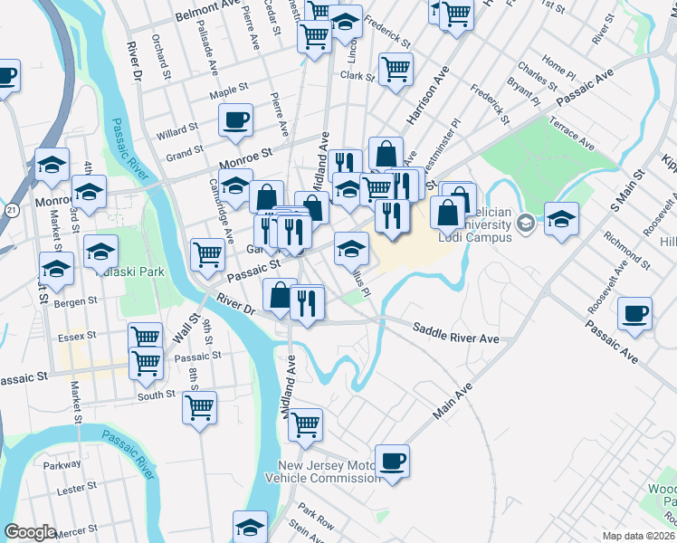 map of restaurants, bars, coffee shops, grocery stores, and more near 26 Spencer Place in Garfield