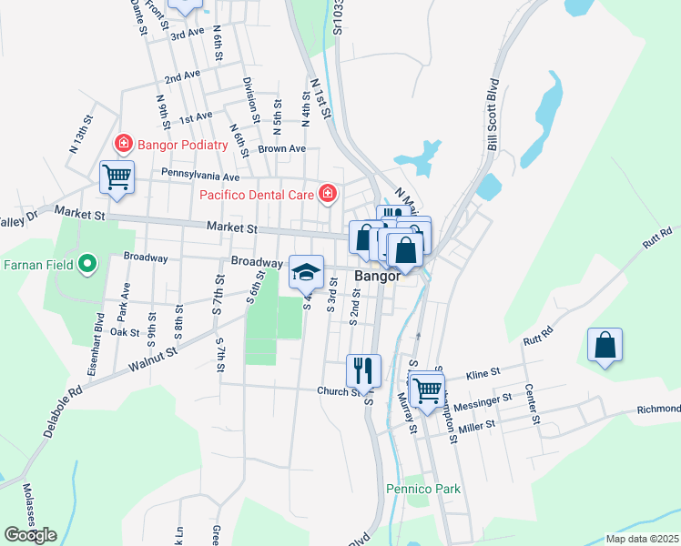 map of restaurants, bars, coffee shops, grocery stores, and more near 232 Broadway in Bangor