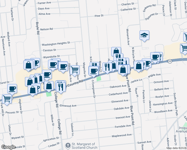 map of restaurants, bars, coffee shops, grocery stores, and more near 805 Middle Country Road in Selden