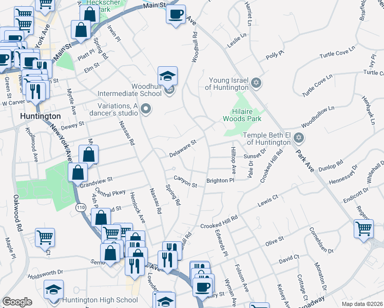 map of restaurants, bars, coffee shops, grocery stores, and more near 16 Delaware Street in Huntington