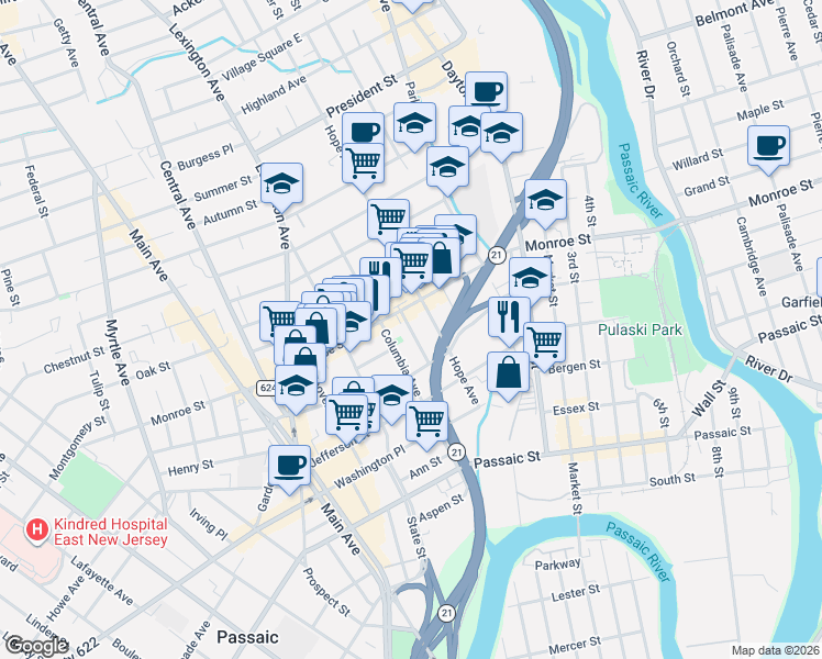 map of restaurants, bars, coffee shops, grocery stores, and more near 38 Vreeland Avenue in Passaic